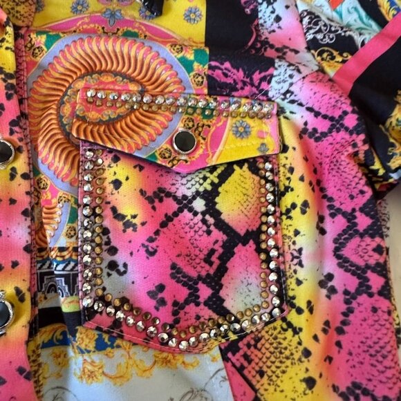 Nice Istanbul Baroque Print Embellished Long Sleeve Mini Bodycon Dress Sz 36 / S - Picture 8 of 9